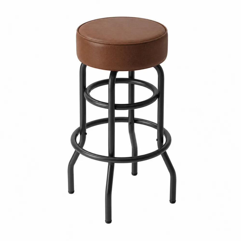 Tabouret de bar en métal noir et assise en similicuir marron, 75 cm