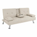 Canapé-lit en tissu polyester beige avec porte-gobelet et pieds en métal