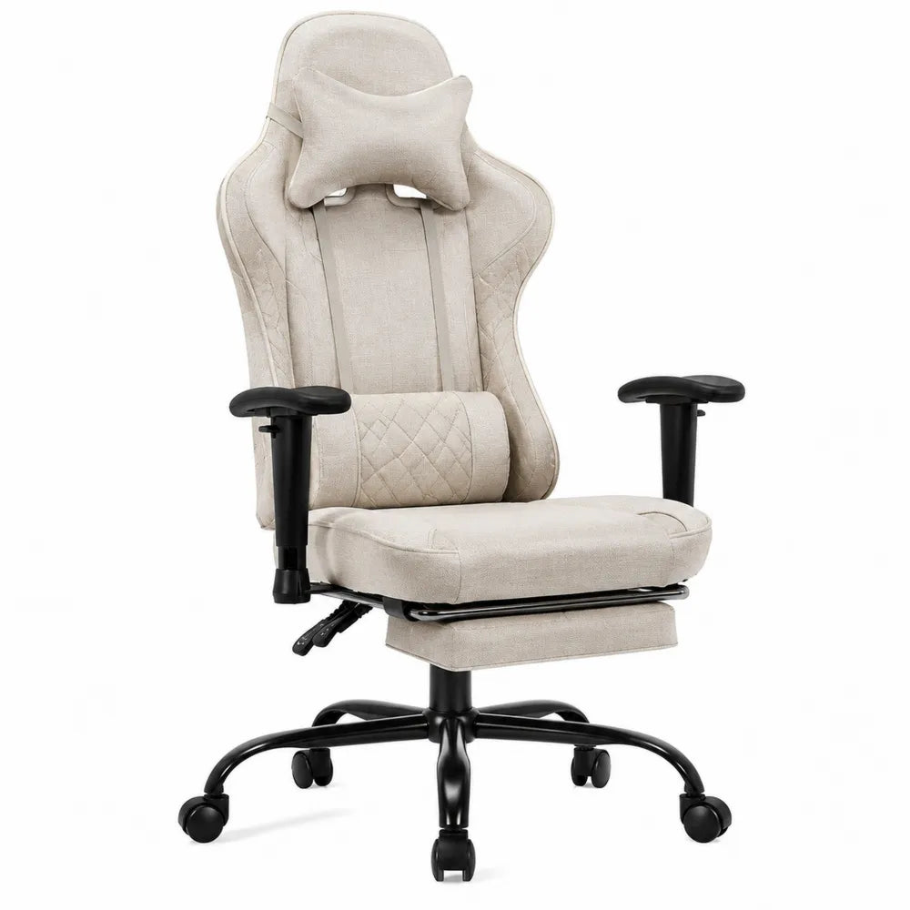 Chaise de bureau en tissu polyester beige avec repose-pieds réglable
