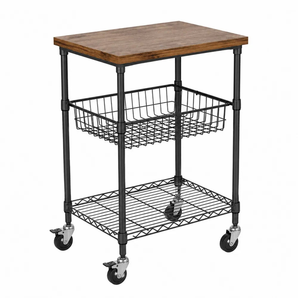 Chariot de cuisine en bois et métal avec roulettes verrouillables