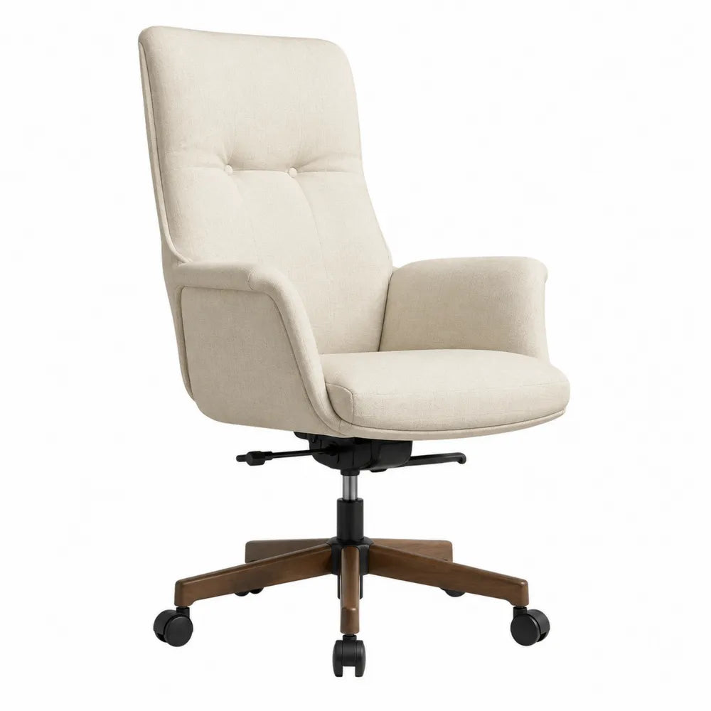 Chaise de bureau en tissu polyester beige avec base en bois et métal