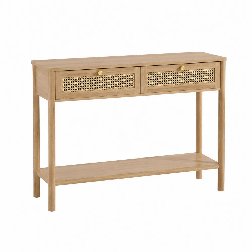 Console en bois de chêne avec tiroirs en rotin 120x30x80 cm
