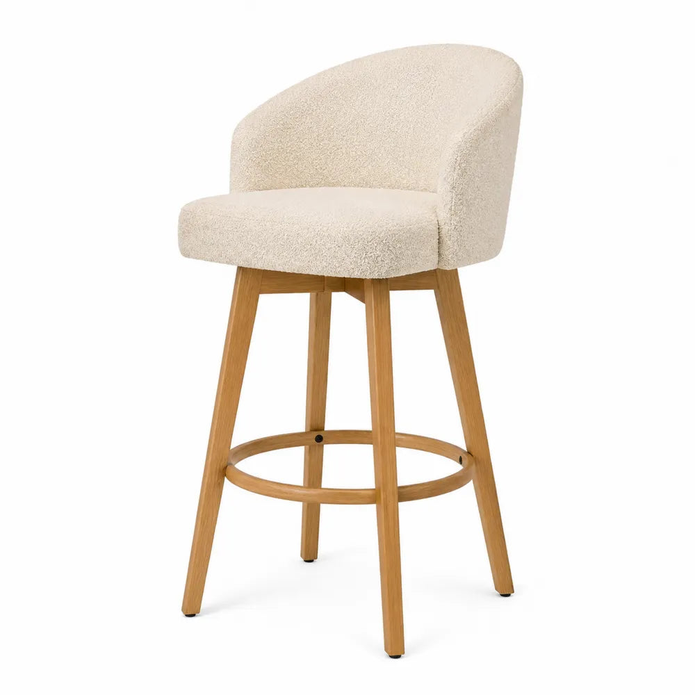 Tabouret de bar en tissu bouclette beige avec pieds en bois de hêtre