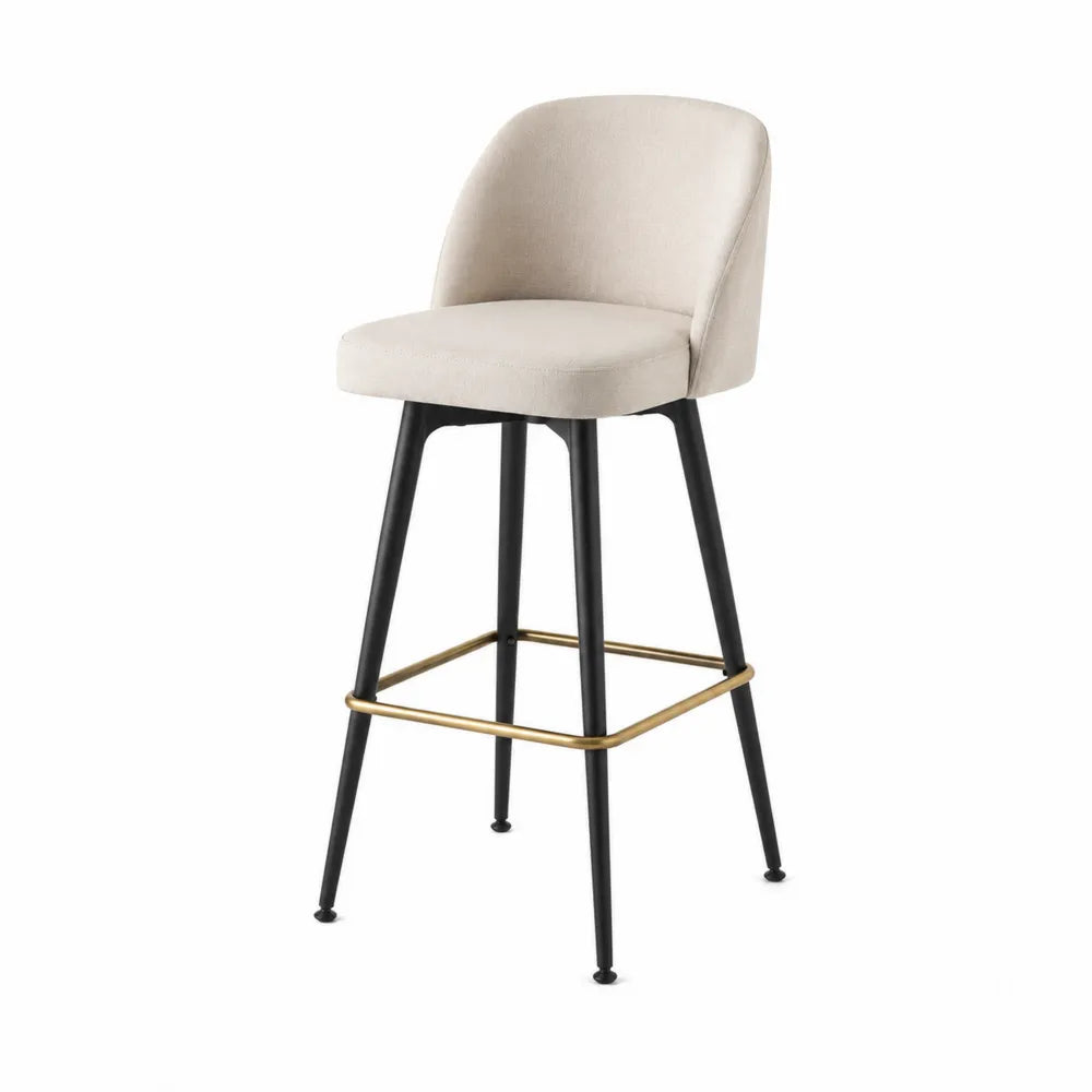 Tabouret de bar en tissu lin beige avec pieds en métal noir et repose-pieds en laiton