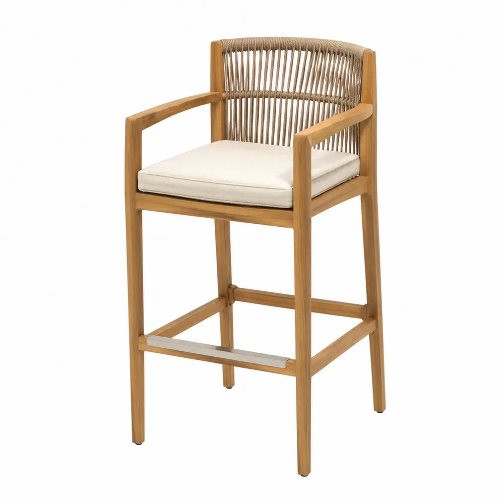 Tabouret de bar en teck et corde avec coussin beige