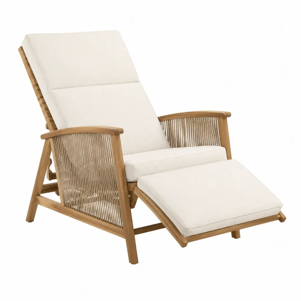 Chaise longue en bois d'acacia avec coussins en polyester crème