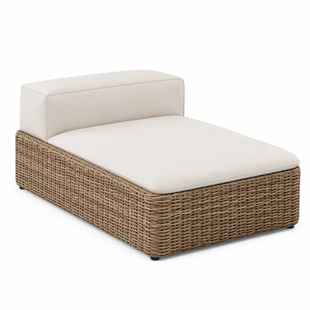 Méridienne de jardin en résine tressée beige avec coussins en polyester blanc