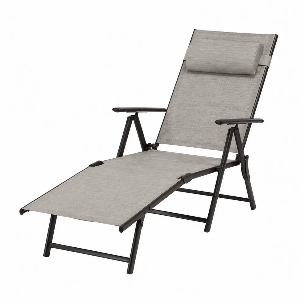 Chaise longue pliable en acier et toile polyester gris