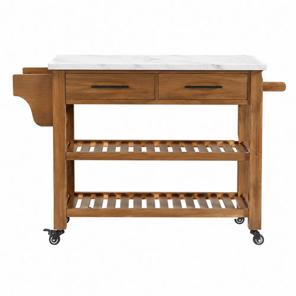 Chariot de cuisine en bois et marbre avec roulettes