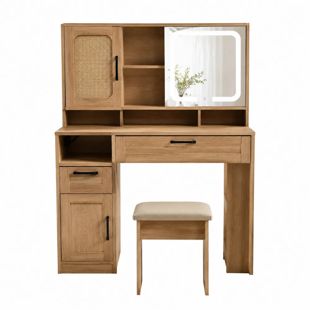 Coiffeuse en Bois de Chêne avec Miroir LED et Tabouret