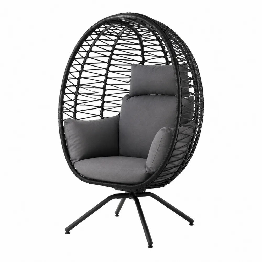 Chaise œuf rotative en résine tressée noire et grise avec coussins