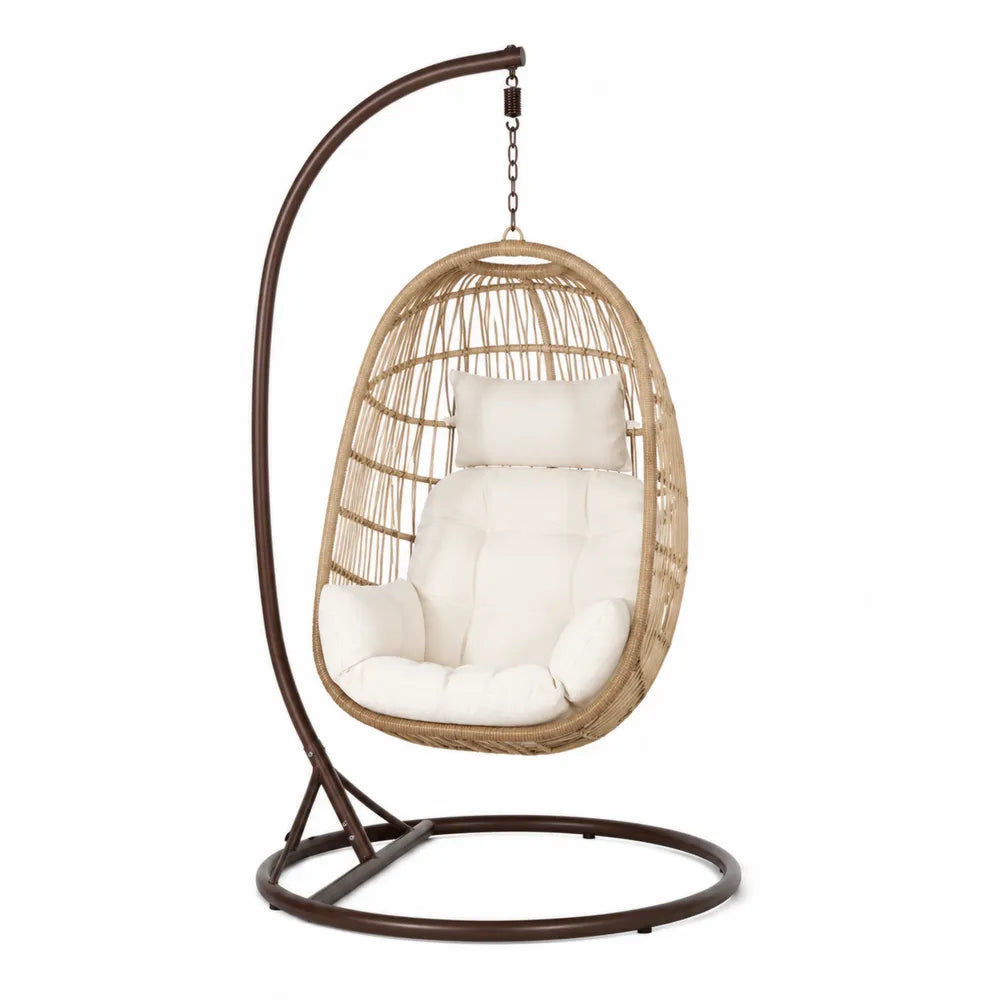 Chaise suspendue en rotin avec cadre métallique et coussin beige