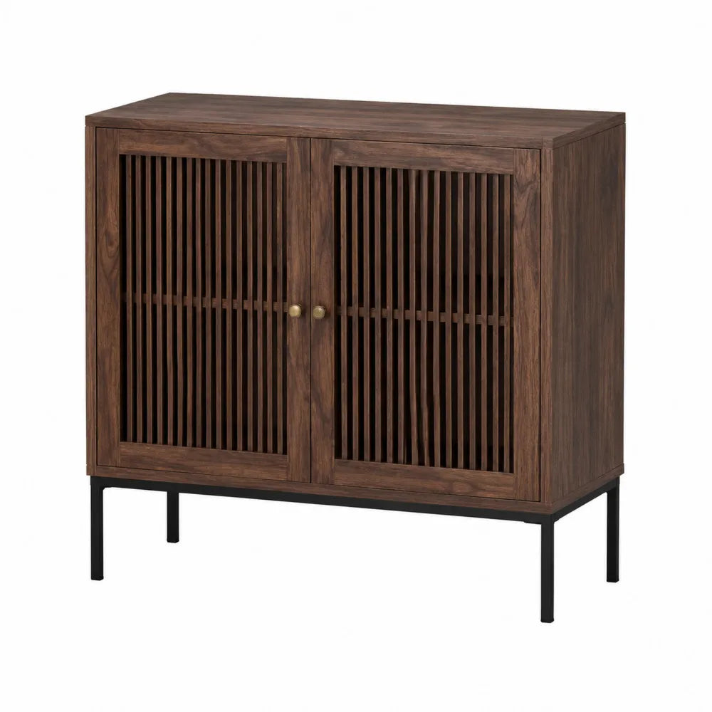 Buffet en bois et métal avec portes à lattes en noyer
