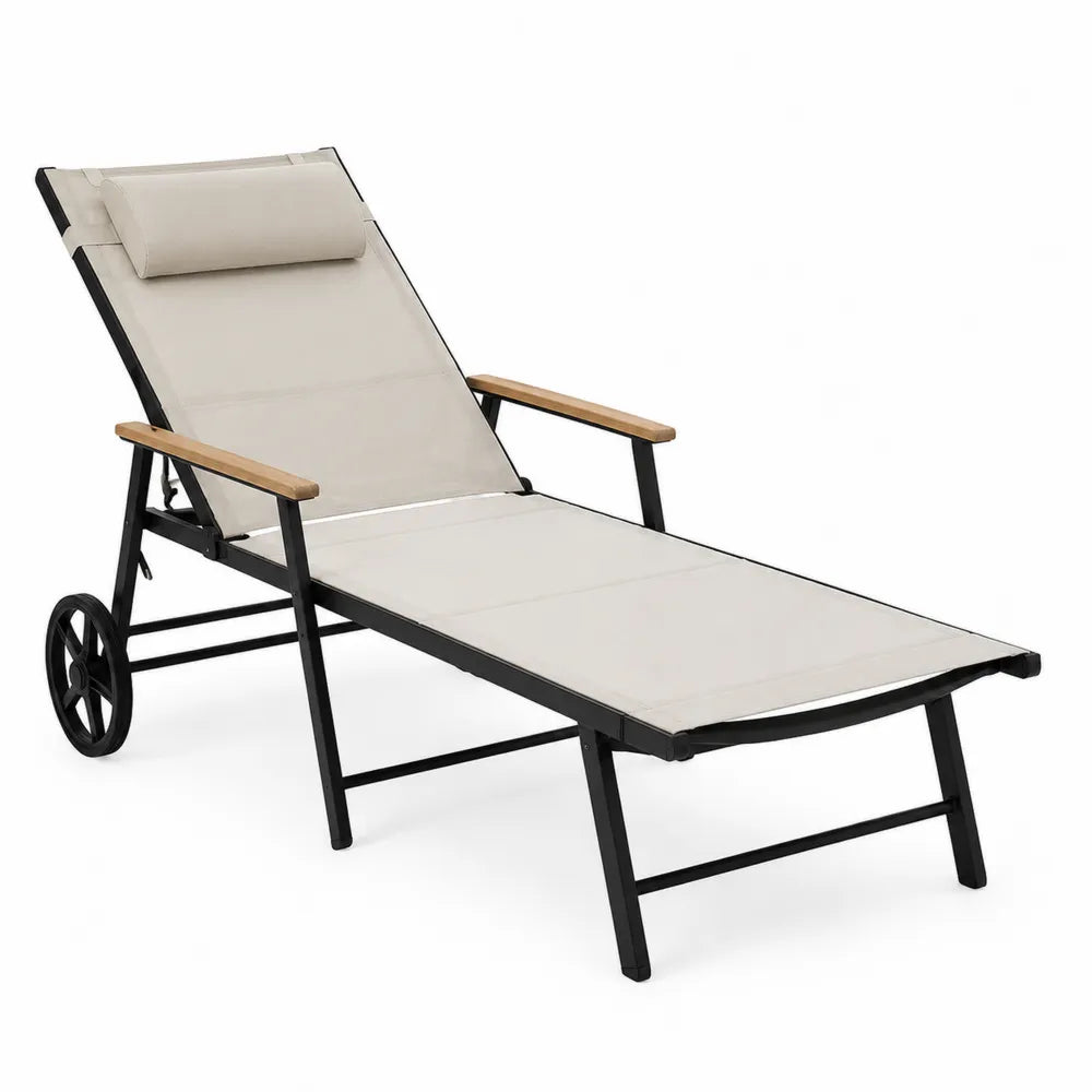 Chaise longue d'extérieur en aluminium avec accoudoirs en bois - Beige