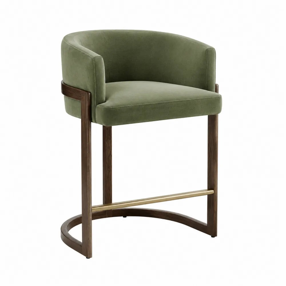 Tabouret de bar en velours vert avec cadre en chêne et repose-pieds en acier inoxydable