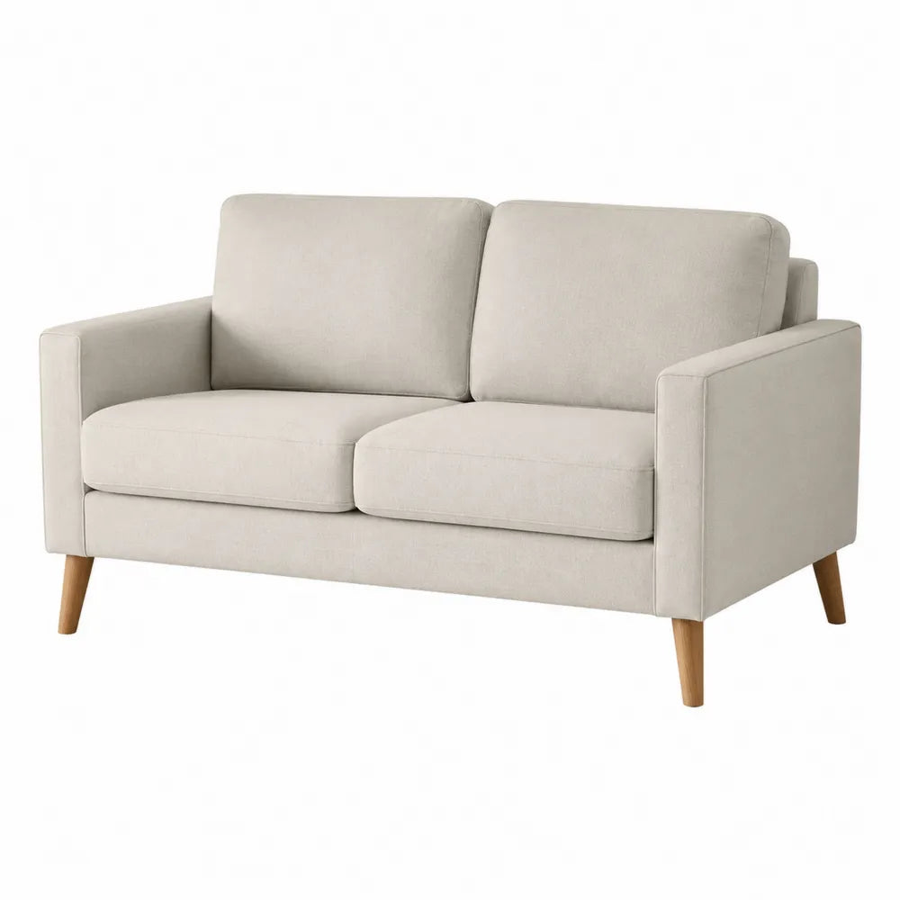 Canapé deux places tissu polyester beige avec pieds en hêtre