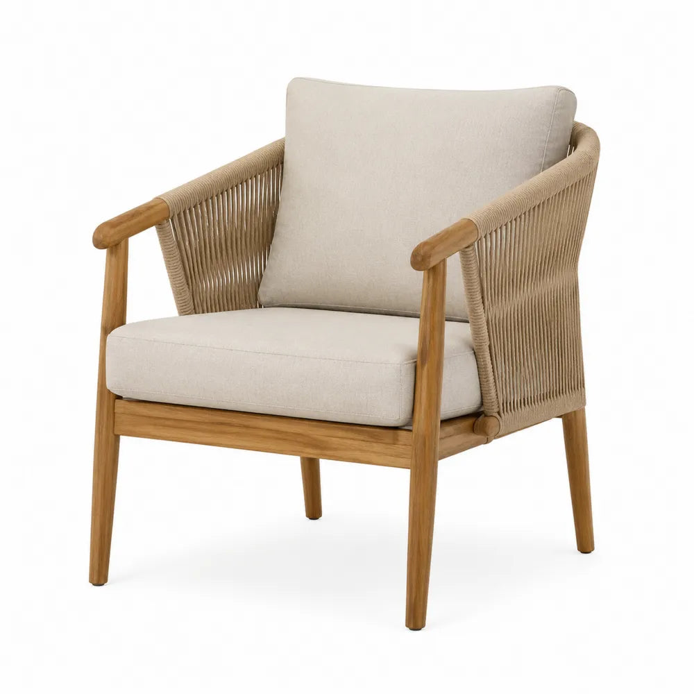 Fauteuil en bois et corde beige avec coussins rembourrés