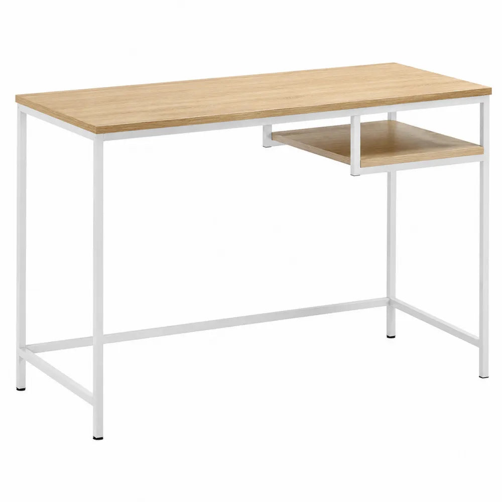 Bureau rectangulaire en bois et métal blanc avec étagère 120x60x75 cm