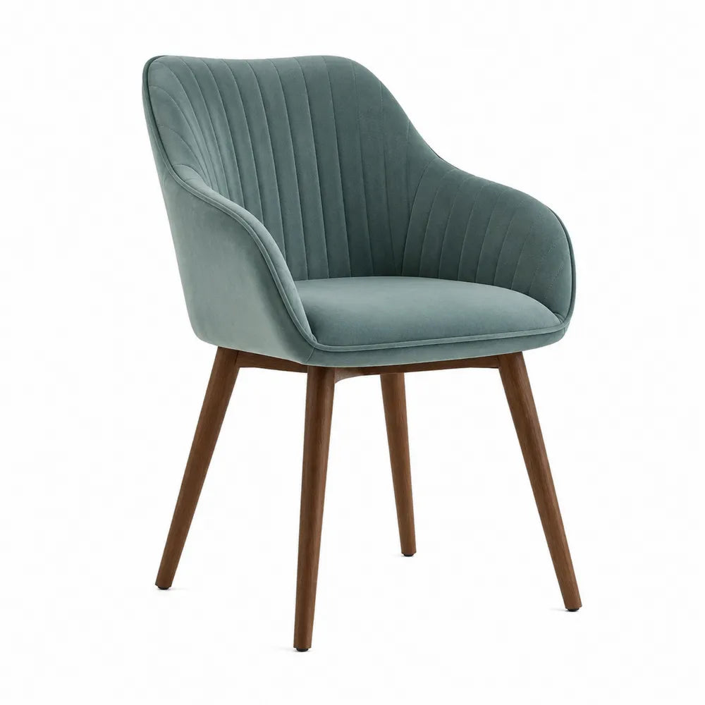 Chaise en velours bleu canard avec pieds en bois