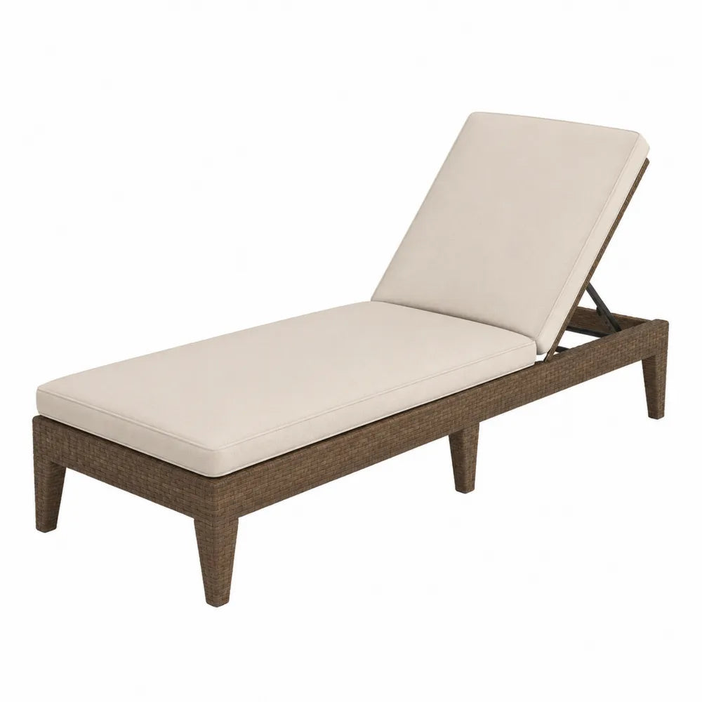 Chaise longue extérieure en résine tressée brune avec coussin en polyester beige