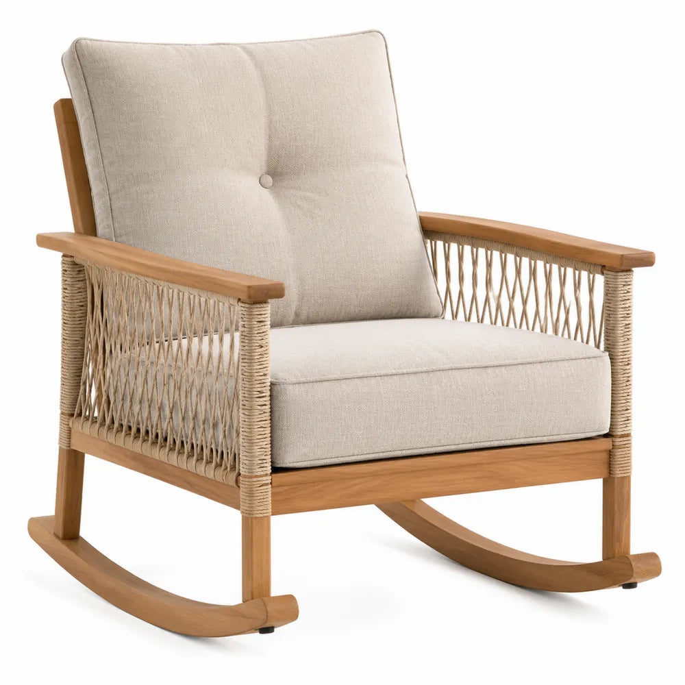 Fauteuil à bascule en bois et corde polyester beige