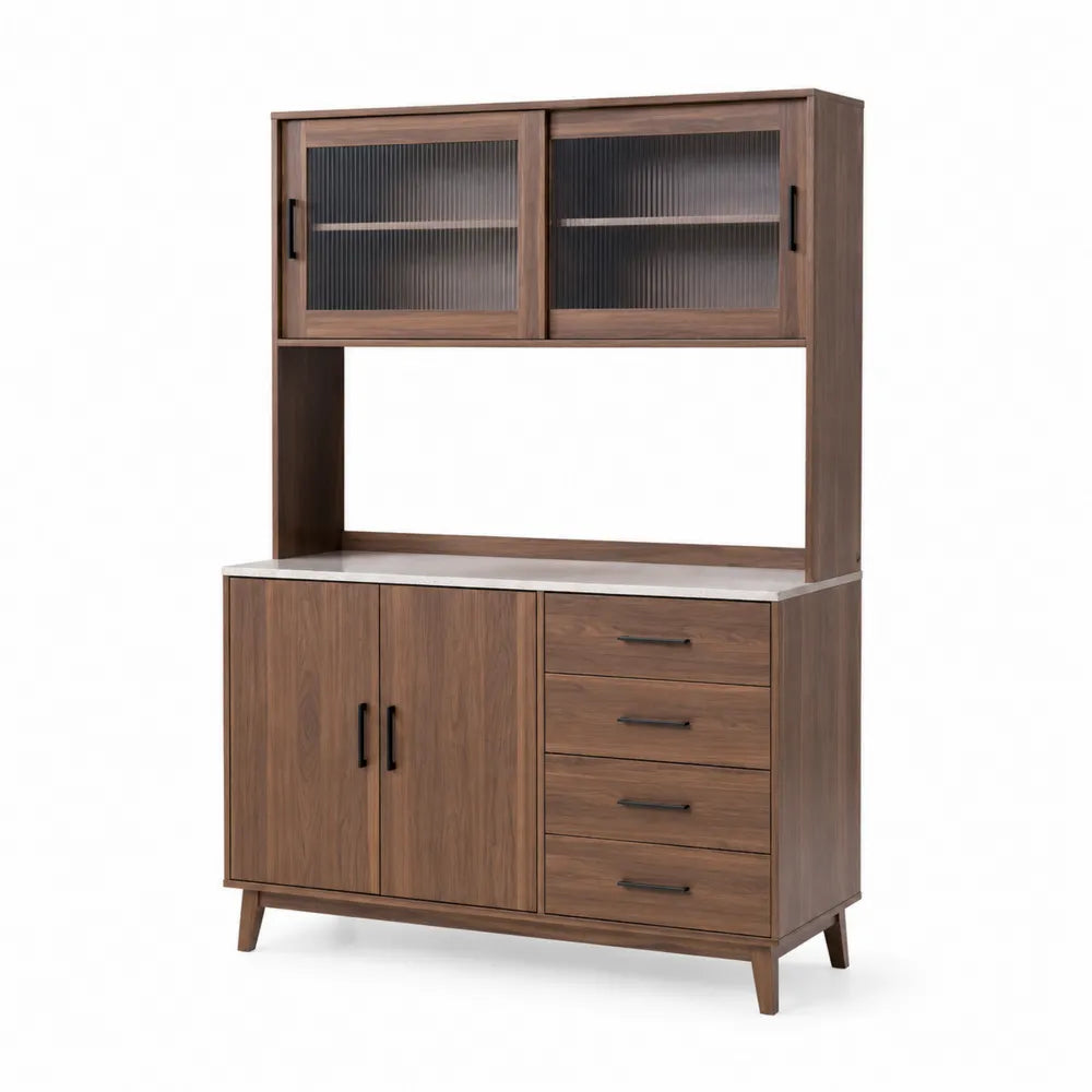 Buffet de cuisine en bois avec portes en verre cannelé 120x40x180 cm