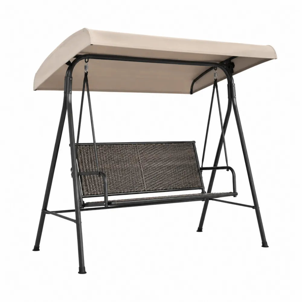 Balancelle de jardin en métal noir avec auvent beige et résine tressée
