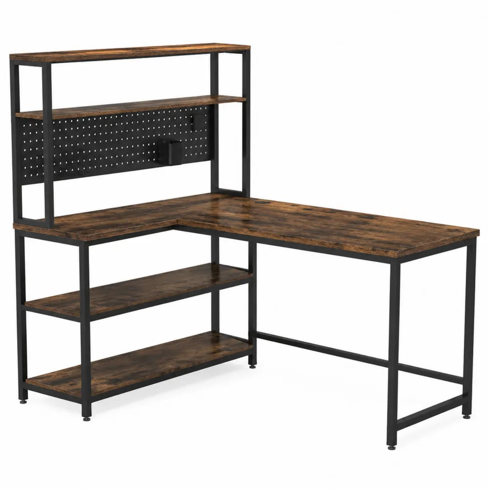 Bureau d'angle en bois et métal avec étagères et panneau perforé