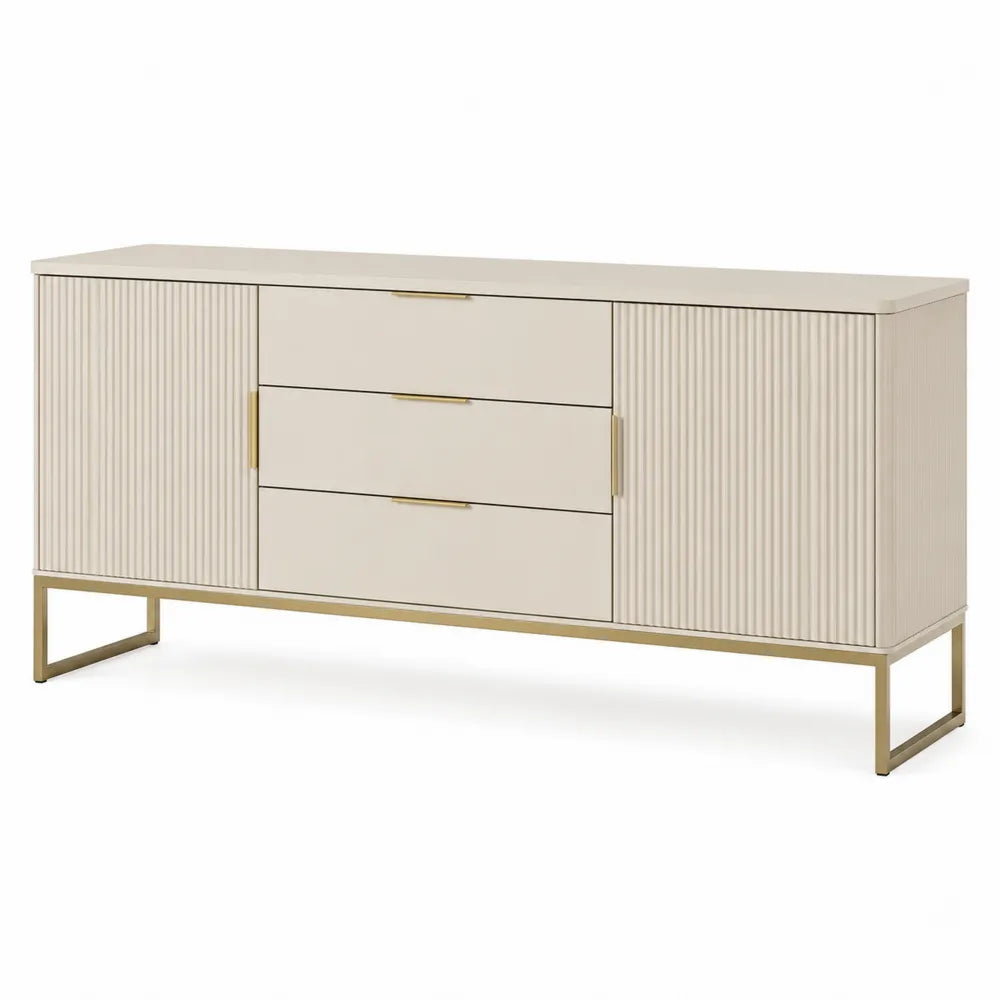 Buffet en bois et métal crème avec 2 portes et 3 tiroirs 160 cm
