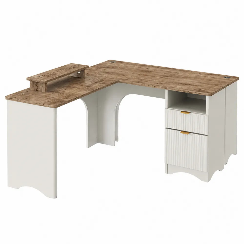 Bureau d'angle en bois et MDF avec étagère et tiroirs 145x145x75 cm