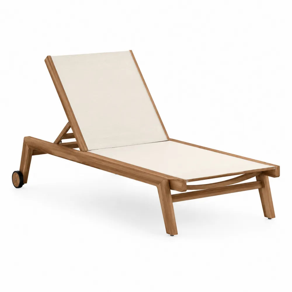 Chaise longue de jardin en bois et textile beige avec roulettes