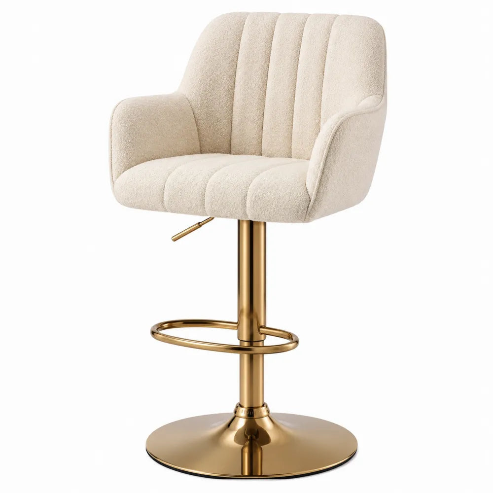 Tabouret de bar en tissu bouclé beige avec base en métal doré