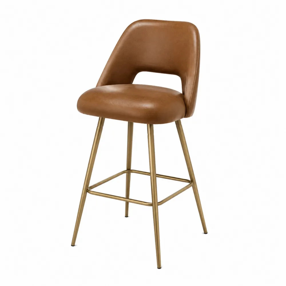 Tabouret en cuir synthétique marron avec pieds en métal doré