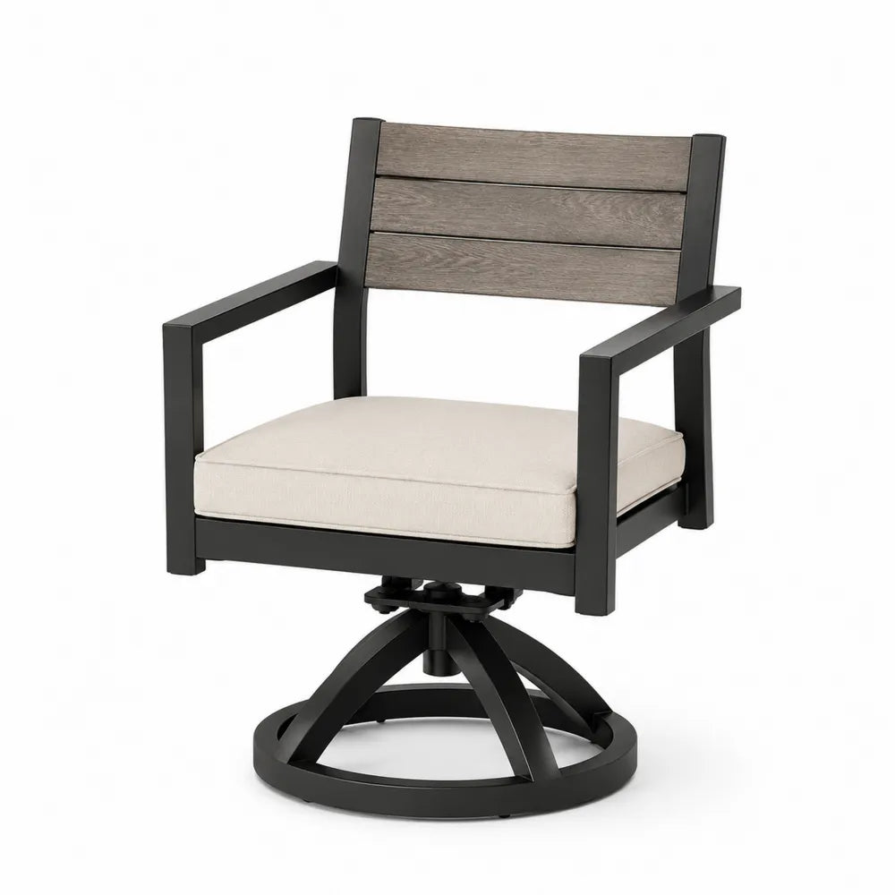 Chaise pivotante de jardin en aluminium avec dossier en bois composite, coussin beige